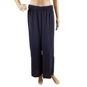 Eileen Fisher 100% Silk Wide Leg Pants Navy Blue Pull-On Slit Hem Size S